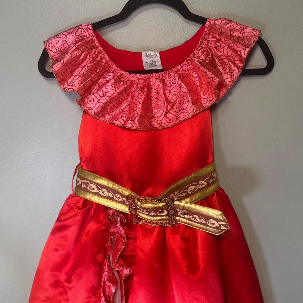 Disney Store Elena of Avalor Costume Dress Red Satin Gold Belt Girls Size 7/8